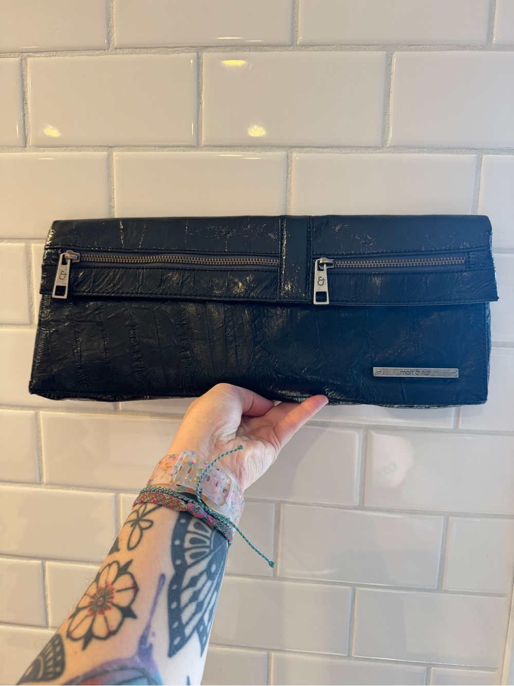 Vintage matt & nat Black Fold-Over Clutch with Zip Detail